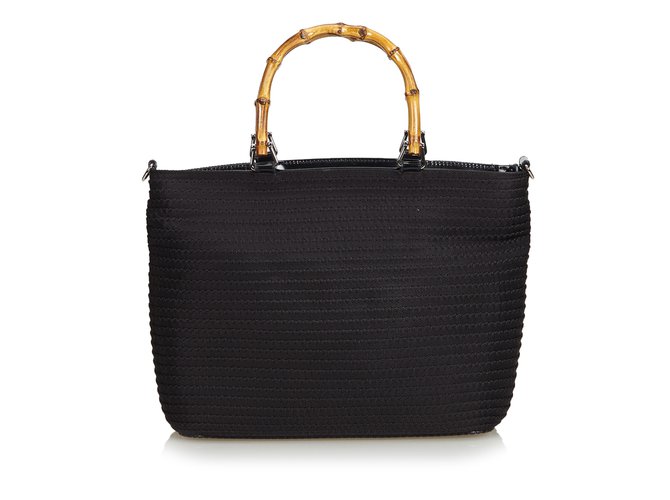 Gucci Fringed Nylon Bamboo Handbag Black Leather Cloth  ref.99800