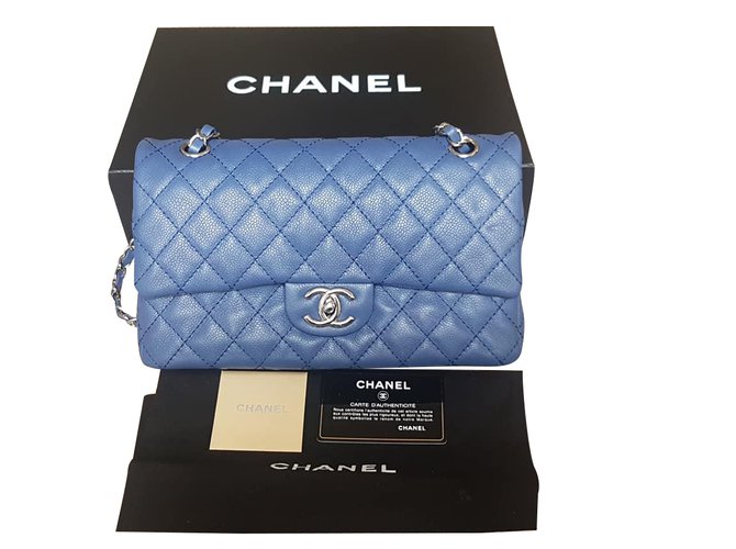 Timeless Chanel Aba Clássica Intemporal Azul Couro  ref.99976
