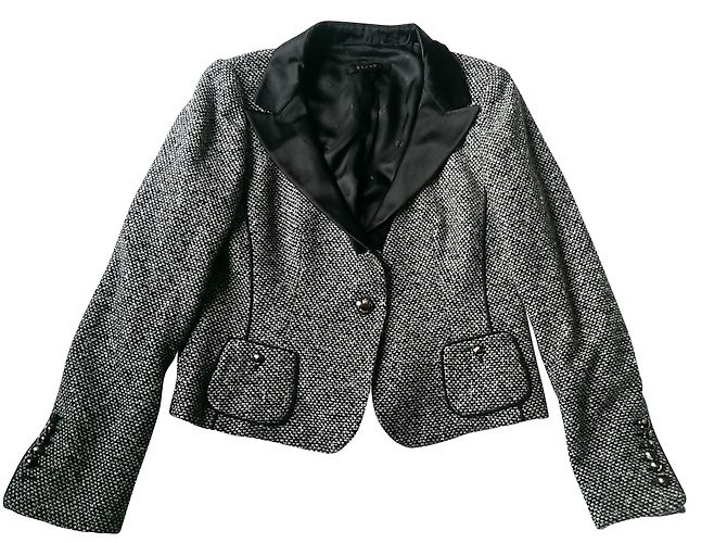 Escada Tweed Blazer Grau Schwarz Seidenfutter Größe 40