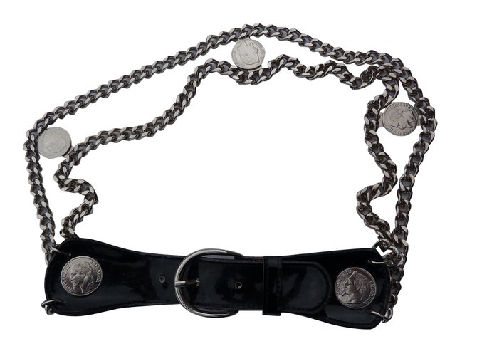 Yves Saint Laurent Cinturones Negro Metálico Charol Metal  ref.105461