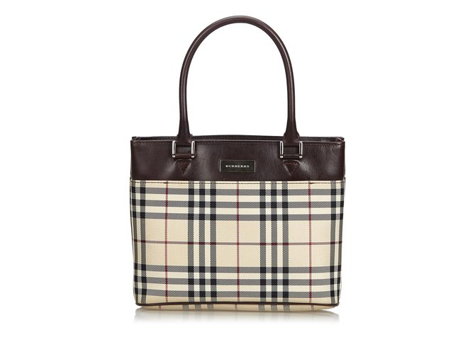 Burberry Plaid Coated Canvas Handbag Brown Multiple colors Beige Leather Cloth Cloth  ref.105812