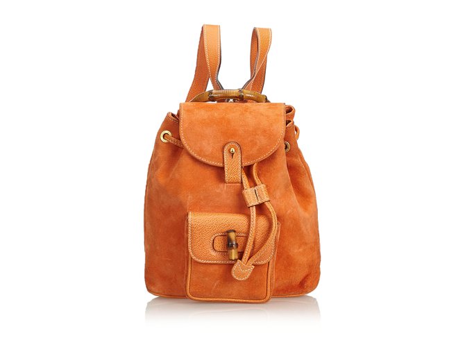 Gucci Bamboo Suede Drawstring Backpack Orange Leather  ref.106029