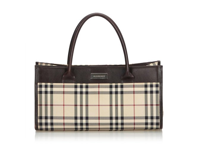 Burberry Plaid Coated Canvas Handbag Brown Multiple colors Beige Leather Cloth Cloth  ref.106031