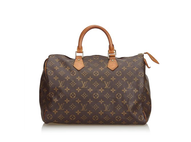 Louis Vuitton Monogram Speedy 35 Brown Leather Cloth  ref.106213
