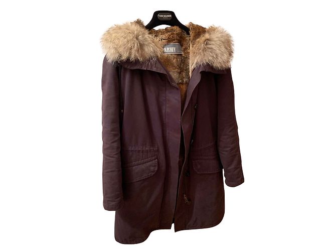 Parka Army Yves Salomon Blu Navy Cotone e Pelliccia di Coniglio