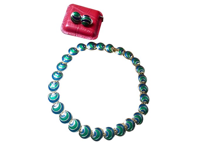 Vintage Conjuntos de joyería Azul Dorado Verde Metal  ref.106343