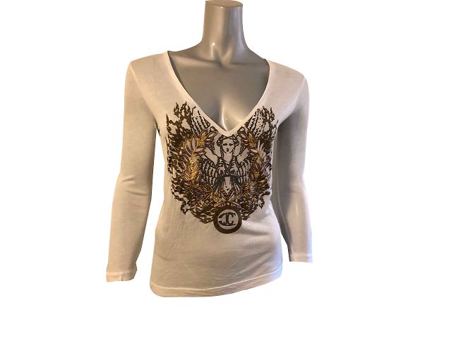 Just Cavalli Top de manga comprida branco com padrão dourado algodão