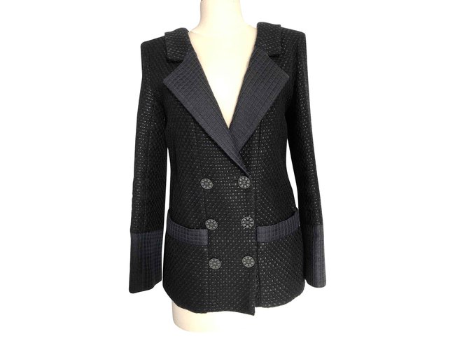 Tamanho do casaco preto Chanel 40 (pequeno) Tweed  ref.106803