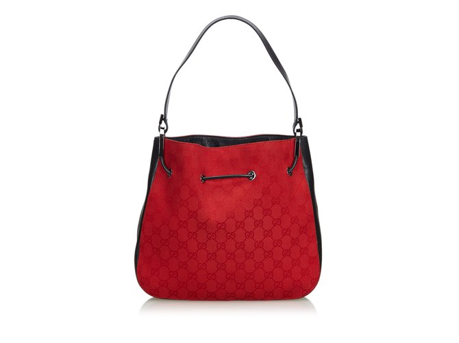 Gucci GG Jacquard Drawstring Shoulder Bag Black Red Leather Cloth  ref.106980