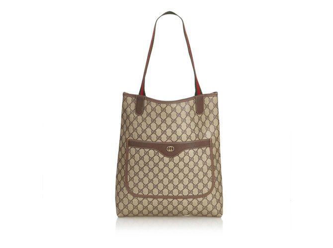 Gucci GG Supreme Web Tote Bag Brown Beige Leather Cloth Cloth  ref.107005