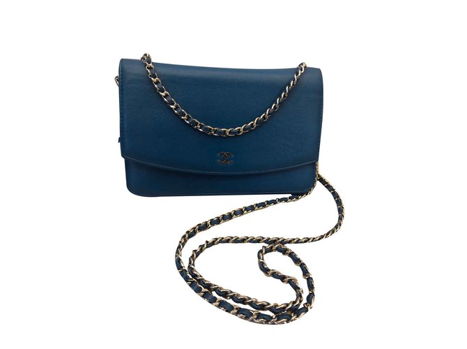 Wallet On Chain Chanel WOC Azul Couro  ref.107063