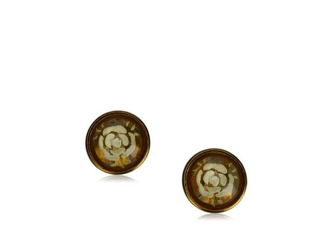 Chanel Boucles d'oreilles en camélia Métal Plastique Doré Jaune  ref.107367