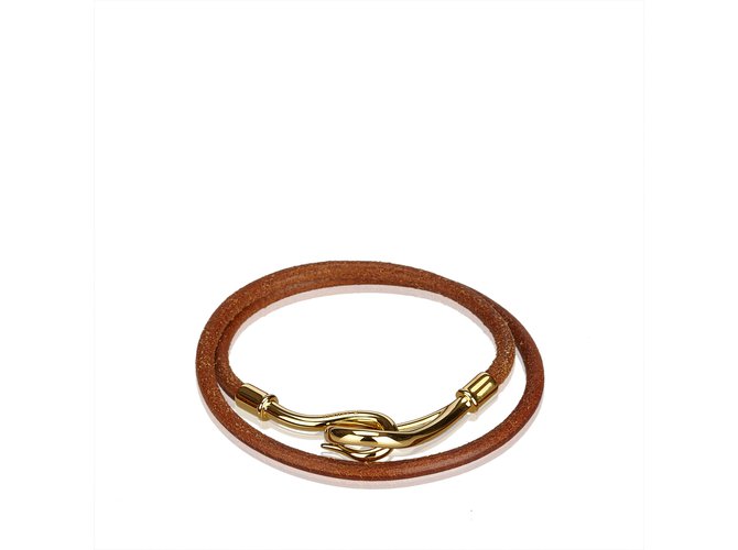 Hermès Jumbo Hook Double Tour Bracelet Brown Golden Leather Metal  ref.107390