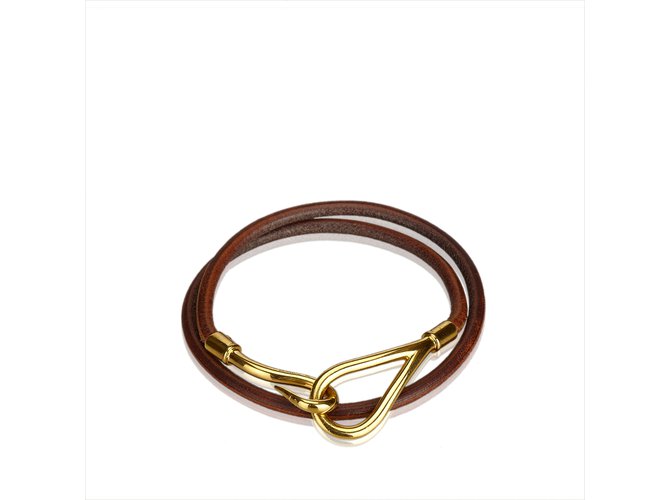 Hermès Jumbo Hook Double Tour-Armband Braun Golden Leder Metall  ref.107402