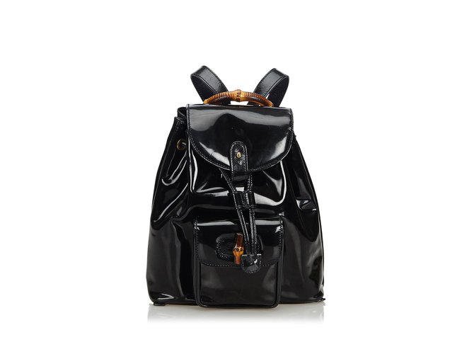 Gucci Bamboo Patent Leather Drawstring Backpack Black  ref.107412