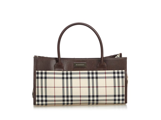 Burberry Plaid Coated Canvas Handbag Brown Multiple colors Beige Leather Cloth Cloth  ref.107423