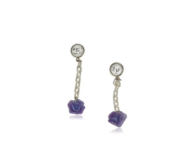 Chanel Camellia Drop Earrings Silvery Purple Metal Plastic  ref.107430