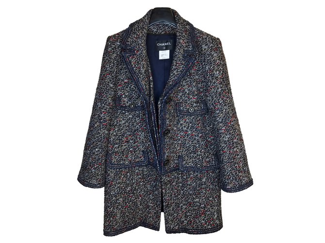 Chanel Rare manteau en laine tweed bouclée Marron Blanc Rouge Bleu Multicolore Bleu foncé  ref.107554