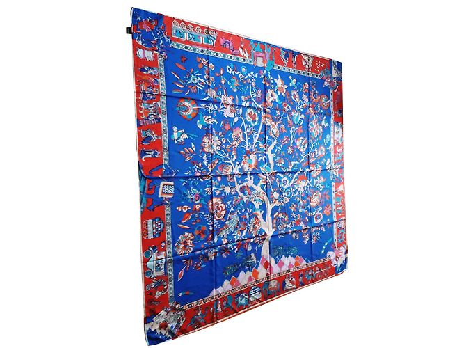 Autre Marque Sciarpa in seta blu con motivo indiano 130 x 130 cm Multicolore