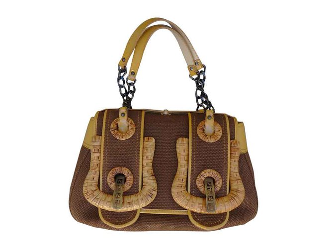 Fendi Handbags Brown Beige Yellow Patent leather Cloth  ref.108165
