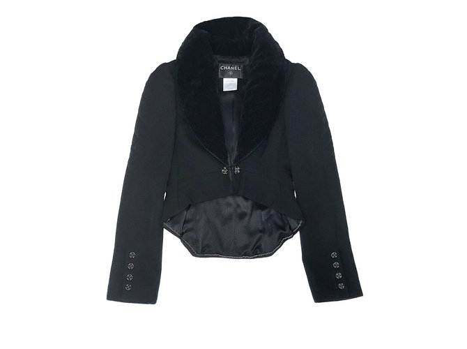 Chanel chaqueta / capa de cola Negro Seda Terciopelo Lana  ref.108308