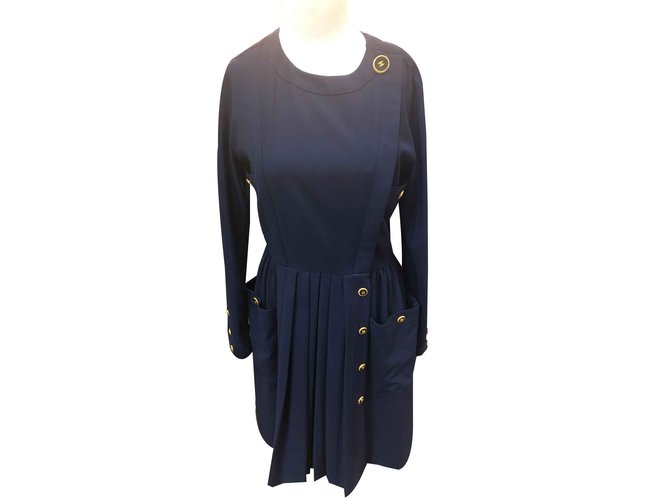 Chanel Vestido antigo Azul marinho Lã  ref.108327