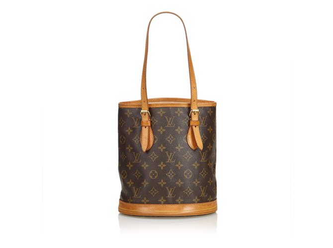 Louis Vuitton Monogram Petit Bucket Brown Leather Cloth  ref.108436