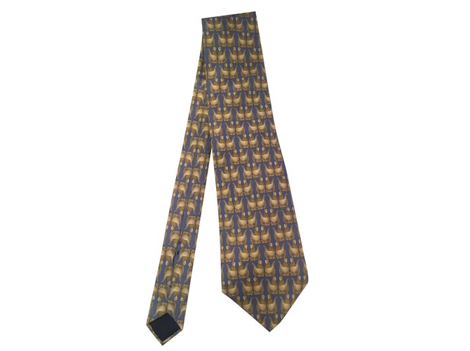 Très belle cravate LANVIN en soie imprimée couleur Bleu/Doré aux motifs d'oiseaux, état neuf !  ref.108577