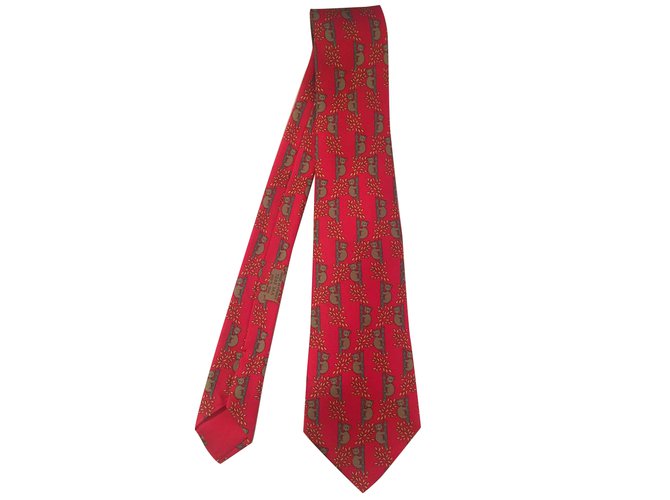 Hermès Superbe cravate HERMES en soie imprimée couleur Marron / Rouge aux motifs de Panda, état neuf ! Marron clair  ref.108581