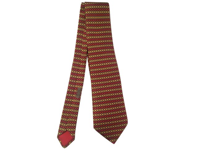 Hermès Preciosa corbata HERMES en seda roja / negra / dorada con estampados geométricos, ¡Nueva condición! Negro Dorado  ref.108583