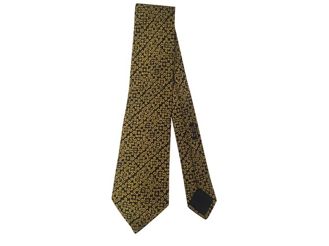 Hermès Preciosa corbata HERMES en negro con motivos geométricos de seda., ¡Nueva condición! Dorado  ref.108586