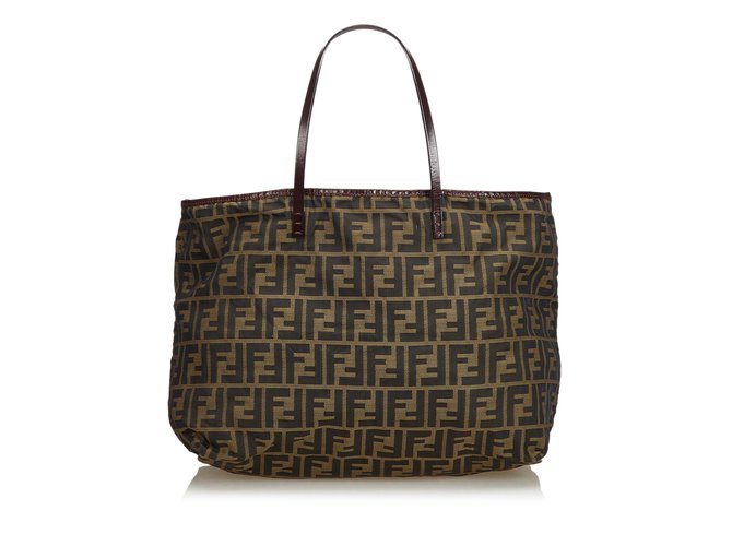 Fendi Zucca Jacquard Sac cabas Cuir Tissu Marron Marron foncé  ref.108610