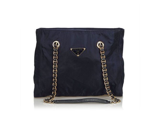 Prada Nylon Chain Tote Bag Blue Navy blue Leather Cloth  ref.108638