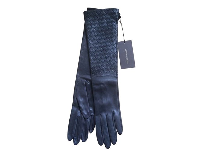 Bottega Veneta Lange gewebte Handschuhe, intrecciato Grau Leder  ref.108775