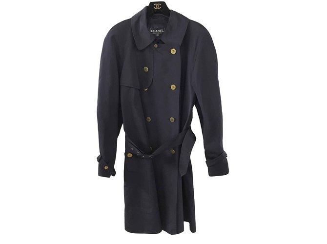 Chanel Trench coats Navy blue Silk  ref.108853