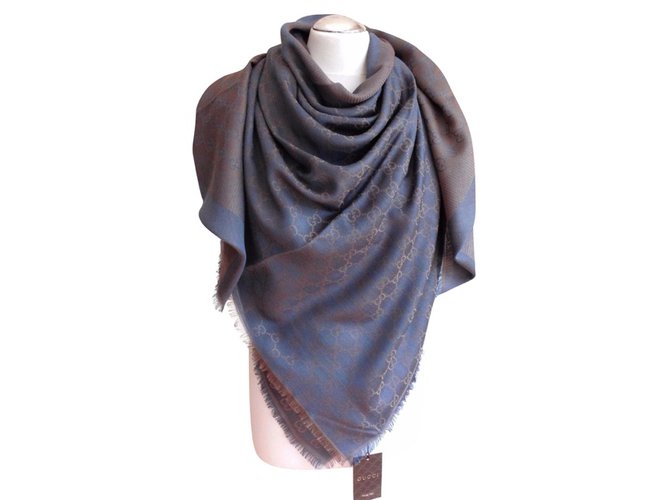 Gucci Monogram stole Blue Taupe Wool  ref.108907