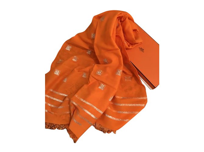 Sciarpa maxi Hermès arancio e argento seta Arancione 