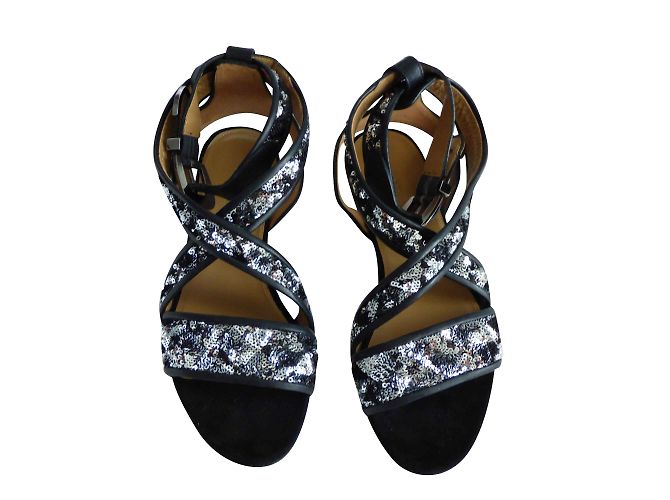 Sandali Sonia Rykiel in pelle nera e paillettes argento Nero