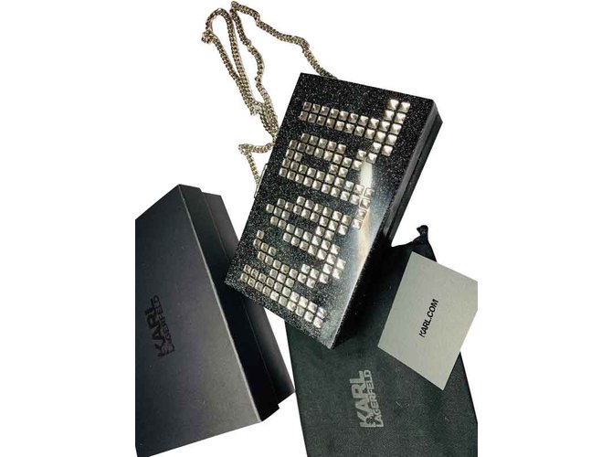 Karl Lagerfeld Black Glitter Acrylic Tres Karl Chain Box Clutch