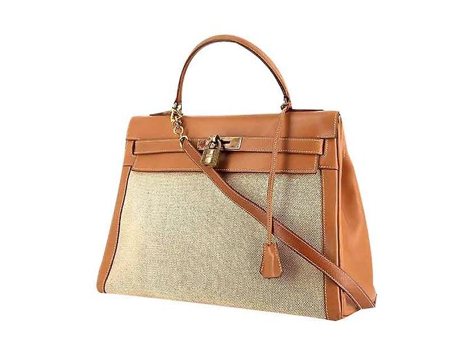 Hermès BORSA HERMES MODELLO KELLY CANVAS E PELLE Beige