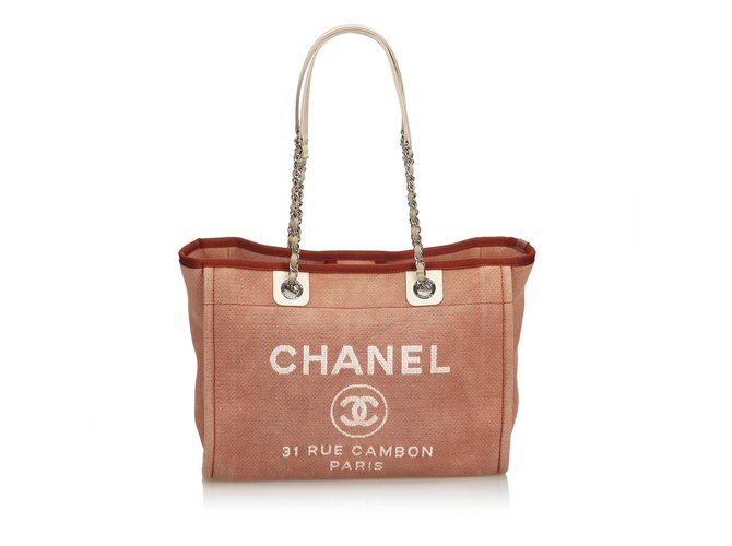 Chanel Deauville - Jacquard-Einkaufstasche Braun Weiß Roh Leder Tuch  ref.109346