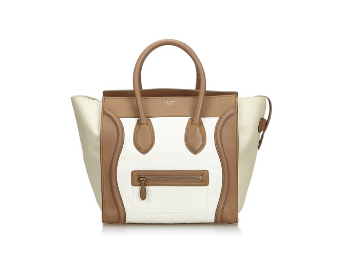 Céline Leather Luggage Tote Bag Brown White Beige  ref.109359