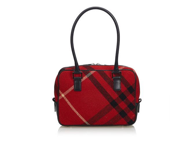 Burberry Plaid Wool Shoulder Bag Red Leather Cloth  ref.110413