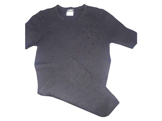 Top Chanel Destroy in lana a maniche corte nero