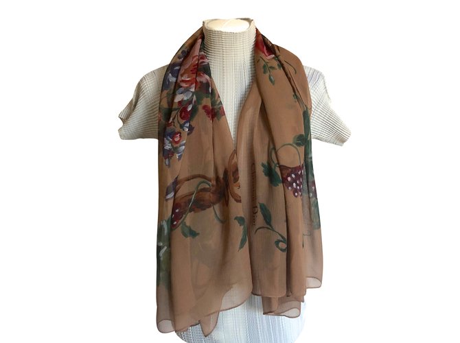 Stole silk scarf flowers "Christian Dior" 130*125 Brown Multiple colors  ref.110778