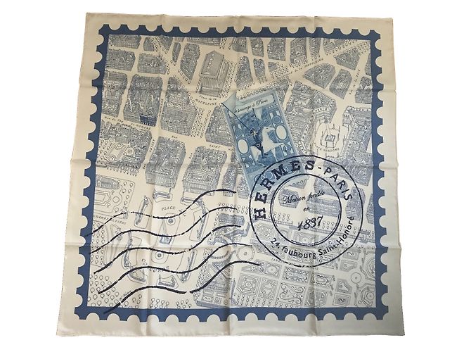 Hermès Square Hermes 90 cm Passing through Paris White Blue