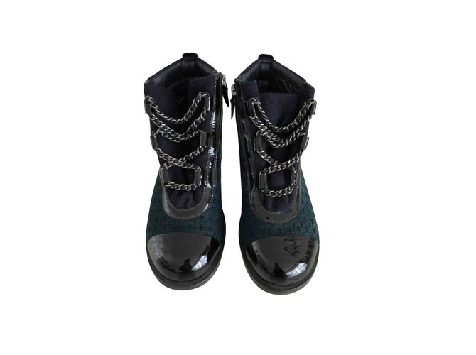 Chanel boots Black Green Navy blue Patent leather Tweed  ref.110784
