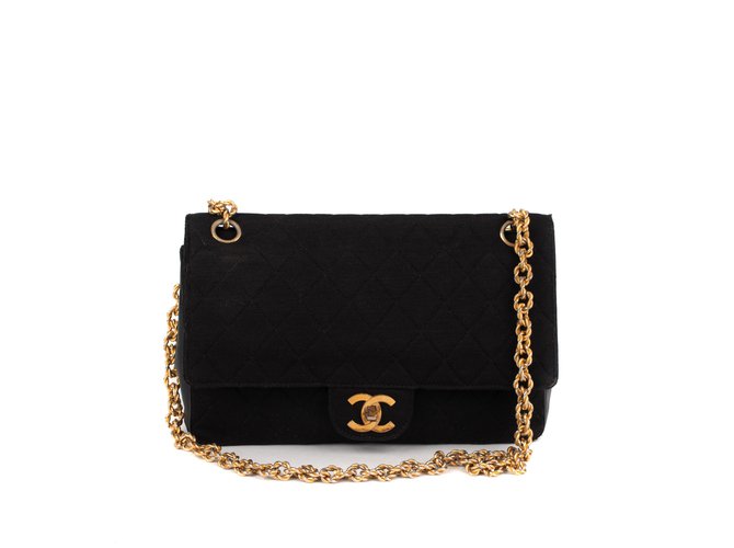 Timeless Chanel vintage classic bi-material bag em Jersey e couro preto em bom estado! Pano  ref.111237