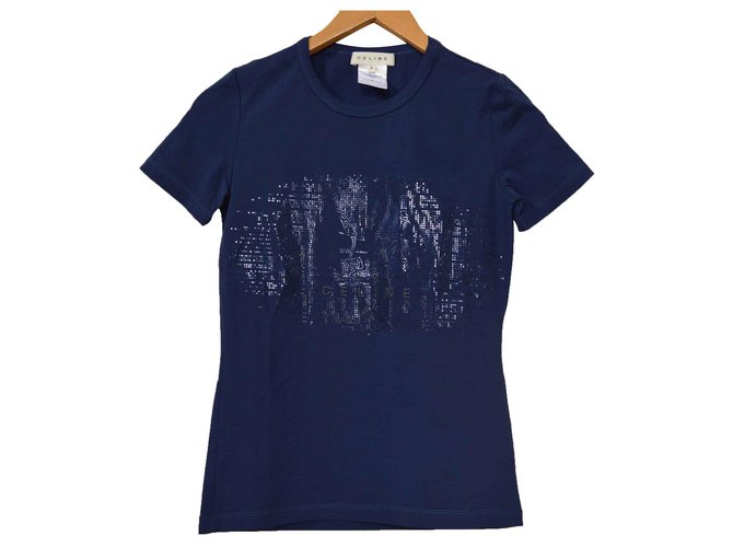 Céline Bleu T-Shirt Tee Taille P Petit Coton Elasthane  ref.111478