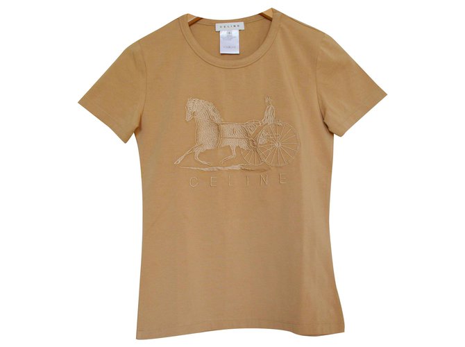 Céline Embroidered Tan Caramel T-Shirt Tee Size S SMALL Cotton Elastane  ref.111481